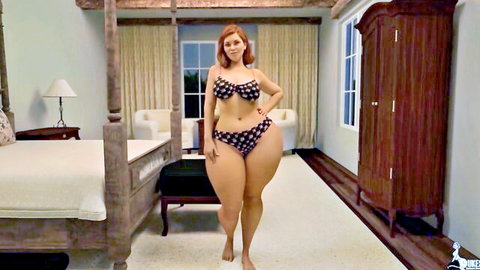 Curvy redhead PAWG Mrs. Keagan in polka-dot bikini, hands on hips