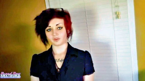 Marci alternative hottie with red punk hair and tattoo in sexy black top