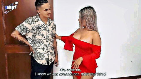 Tattooed guy in floral shirt seduces busty blonde with massive tits spilling from red off-shoulder dress
