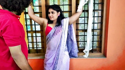 Sexy Indian college girl in purple saree teases step-brother with arms up