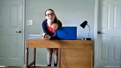 Redhead teacher Asmodea in glasses, sweater, and stockings for verbal humiliation