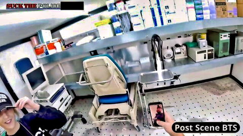 Channy Crossfire post-scene BTS in lab-themed adult video thumbnail