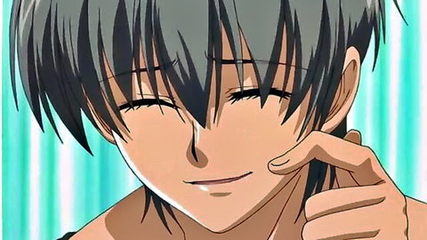 Smiling anime boy with gray hair, eyes closed, hand on chin, seductive pose