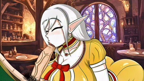 Anime dark elf with white hair giving blowjob in yellow dress