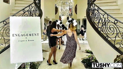 Abigail Mac in elegant engagement party dress with friends