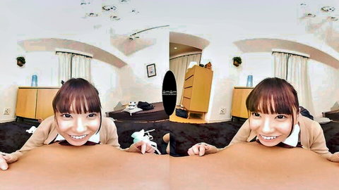 Naughty Japanese schoolgirl in uniform smiles teasingly leaning forward in VR POV