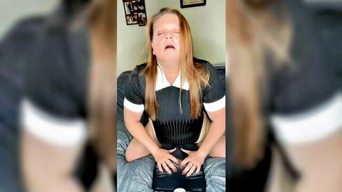 Freckled redhead MILF riding huge dildo in sexy black dress until orgasm
