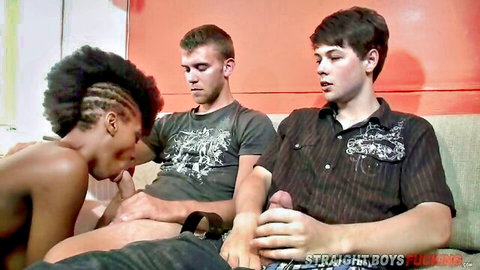 Black woman with braids pleasures two straight white guys in MMF threesome