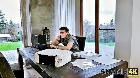 Handsome caucasian man on phone in casual t-shirt, from She Had To Do It adult video