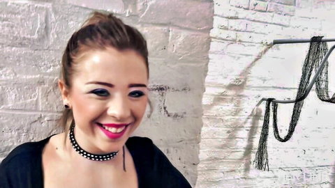 Smiling blonde babe in choker, Angelo Godshack's intense affair passion