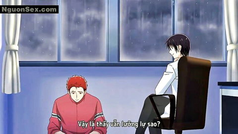 Anime redhead boy in pink jacket sits talking to black-haired guy by rainy window