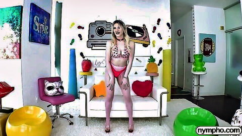 Blonde big tits teen in pink bikini spreads legs teasing pussy lips on nympho set