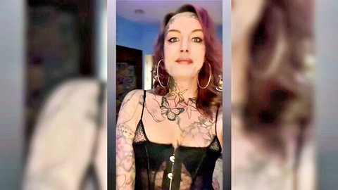 Tattooed TS Diana Deelight in black lace lingerie solo tease
