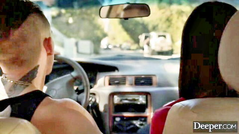 Kinky babe Emily in red top cucks BF while driving car