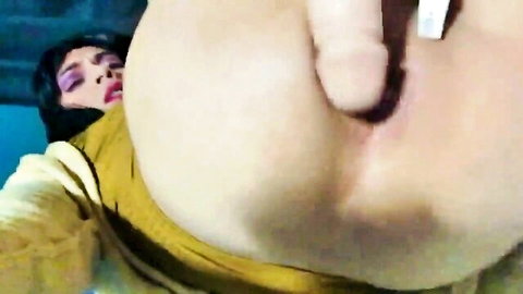 Curvy amateur woman solo anal dildo insertion closeup