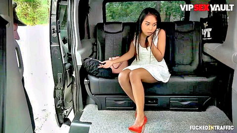 Killa Raketa Asian babe in white dress fingered by chauffeur in van