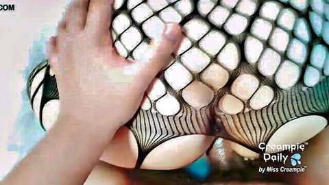 Hand grabbing Thai model's big ass in fishnet lingerie for creampie scene