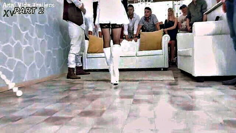 Crystal Greenvelle and Mai Thai in white dresses and stockings with men in extreme group scene