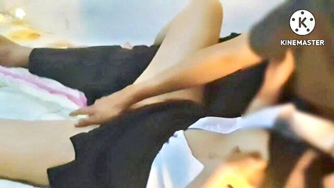 Amateur couple in intense oral sex, woman spread legs on bed