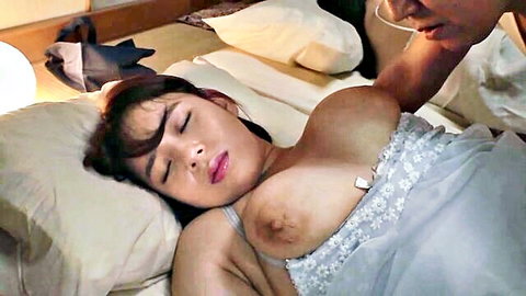 Japanese stepdaughter with big exposed tits sleeping in lingerie, man lusting over her