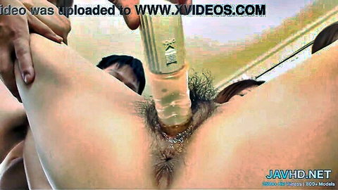 Close-up Japanese hairy pussy with toy insertion and liquid drip, JAV HD