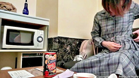 21-year-old Japanese beauty in plaid dress teasing with hand on waist, Naughty Japan gonzo
