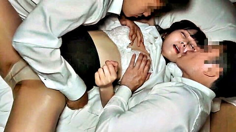 Asian office lady in white blouse and panties with two suited men in intimate threesome