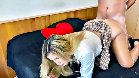 Blonde stepdaughter in plaid skirt punished doggy style by stepdad