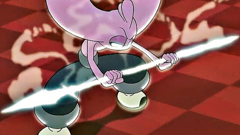 Anime MILF in dynamic pose wielding glowing energy staff, pink skin and black pants