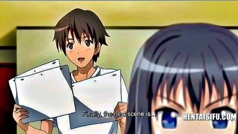 Anime hentai thumbnail: Excited male animator holds scripts as female peeks for next erotic scene