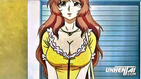 Busty red-haired hentai stepmom in yellow lace dress behind bars