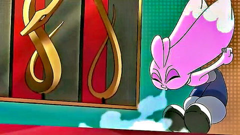 Anime pink bunny girl in ecstasy, panting with snake motif background