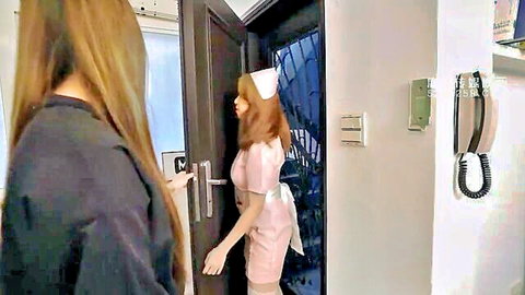 Asian nurse in pink uniform with busty figure at door, breastfeeding theme
