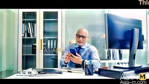 Bald Asian businessman in office on phone, Zhou Ning sex worker trailer