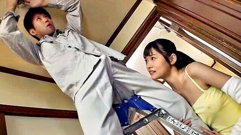 Japanese clerk with small tits, erect nipples visible through yellow top, no bra at work