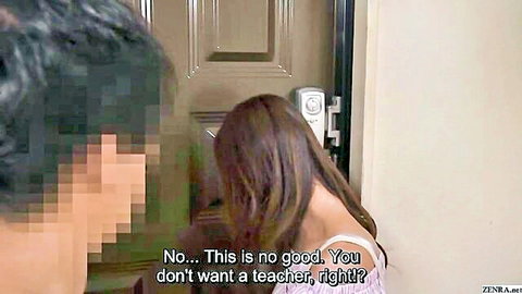 Japanese call girl in teacher fantasy, seductive chat at door