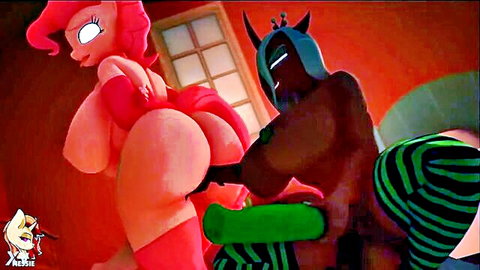 Pinkie Pie bent over for Queen RealVinyl strap-on doggy style fuck, big ass view