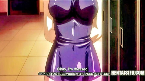 Busty anime nympho in tight purple dress, ready for action