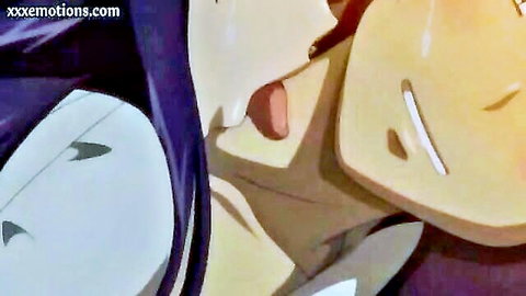 Slender purple-haired anime girl giving intense oral to partner