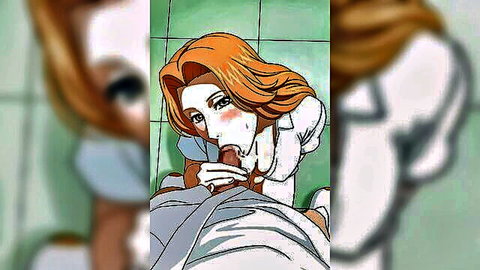 Busty orange-haired anime girl in white uniform giving blowjob