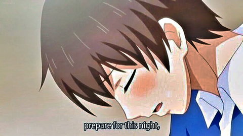 Blushing anime boy with closed eyes prepares for seductive night encounter