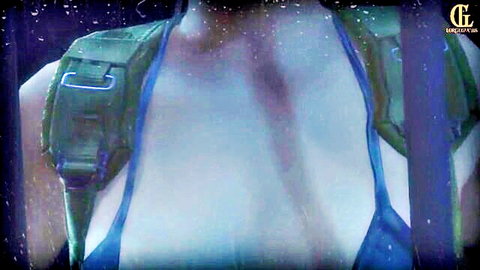 Busty woman in low-cut blue top and tactical vest showing deep cleavage