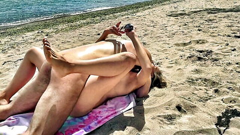 Blonde wife fucked by stranger on public beach, unprotected creampie while husband films