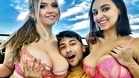 Hailey Rose and Angie Faith busty MFF threesome in pink lingerie