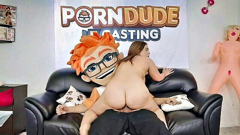 Curvy nude babe big pale ass pussy exposed bent over couch mascot gripping hips doggy style PornDude casting