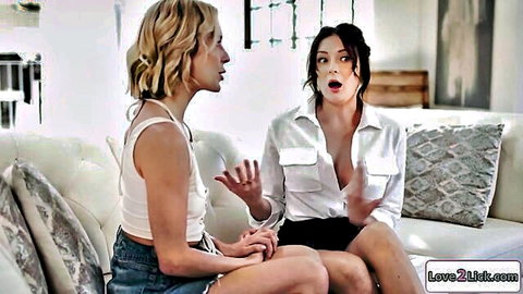 Blonde and brunette besties in teasing chat, leading to fingering pussy to avoid curse
