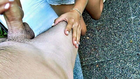 Danika Mori handjob on cock outdoors in garden