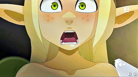 Surprised blonde elf Eva from Wakfu topless with wide green eyes