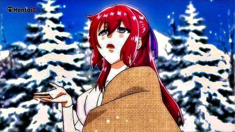 Red-haired hentai girl wrapped in blanket in snowy forest