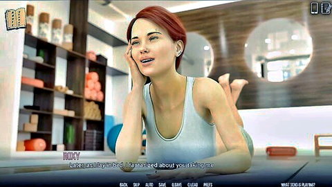Redhead gamer girl Roxy lounges on gym floor in tight tank top teasing legs apart